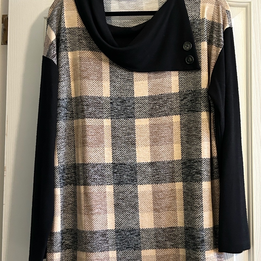Ricki's Black & Cream Plaid Cowl Neck Sweater